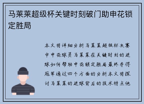 马莱莱超级杯关键时刻破门助申花锁定胜局