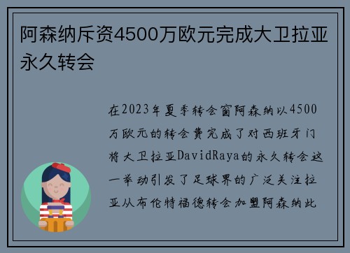 阿森纳斥资4500万欧元完成大卫拉亚永久转会